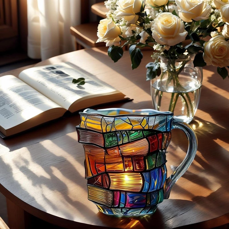 OTTNSA 3D Painted Glass Mug Colorful Ceramic Coffee Cup 12oz, Hand-Painted Vintage Style Mug for Readers, Book Lovers, Women, Gift for Birthday or Office Use - Image 2